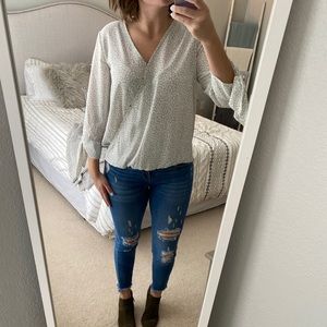 Gray and White Leopard Print Chiffon Blouse